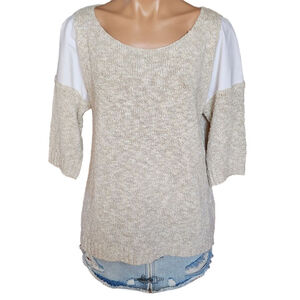 LAFAYETTE 148 New York Linen & Cotton Beige White Short Sleeve Sweater L